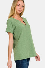Zenana waffle notched short sleeve t-shirt in light green textured tunic