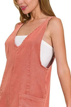 Coral-colored soft coral pink denim overall dress with v-neckline front pockets and zenana washed adjustable straps