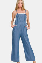 Zenana washed adjustable strap wide leg denim overalls in light blue