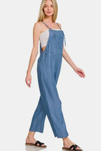 Zenana washed adjustable strap wide leg denim overalls with crop top and sandals