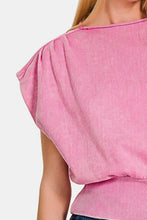 Zenana Washed Boat Neck Pink Top with Banded Dolman Sleeve
