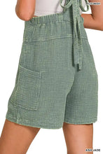 Sage green Ash jade shorts with woven texture, elastic waist, tie in Zenana romper