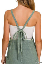 Sage green Zenana washed double gauze tie-back romper back view