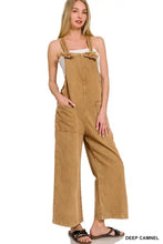 Zenana washed knot strap jumpsuit with tan wide-leg denim and bows