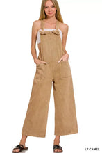 Zenana washed knot strap pockets jumpsuit in light camel corduroy with bow details