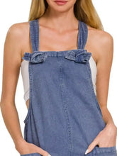 Zenana washed knot strap jumpsuit in blue denim with ruffled shoulders