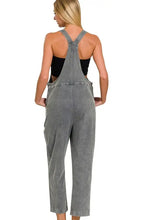 Zenana washed knot strap relaxed fit overalls in faded gray denim with black crop top