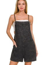 Zenana dark gray denim romper features thin straps, tie closures, machine wash cold