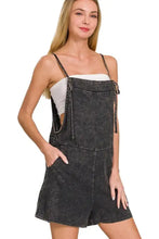 Zenana black denim romper with thin straps, side ties, machine wash cold