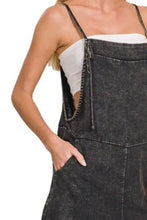 Zenana dark gray denim romper with knot straps, front pocket, machine wash cold