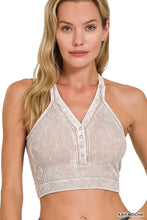 Ash mocha washed ribbed seamless button v-neck tank top with lace trim and ribbed seamless button detail