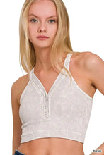 White washed ribbed seamless crop top with halter neckline and button front detail by zenana