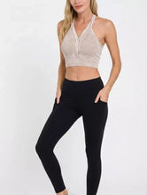 Beige washed ribbed seamless halter crop top with button detail from zenana for casual wear