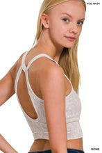 Acid wash bone-colored ribbed seamless crop top with crisscross back straps from zenana washed ribbed collection