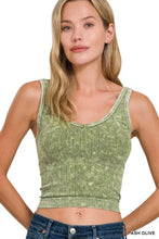 Ash olive washed ribbed seamless cropped v-neck tank top with subtle distressed texture and rounded neckline