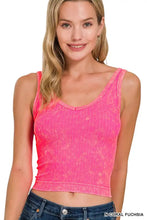 Coral fuchsia washed ribbed seamless cropped v neck tank top with thin straps by zenana in vibrant ribbed fabric