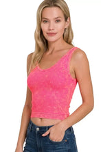A vibrant coral fuchsia washed ribbed seamless cropped v-neck tank top with a faded distressed texture by zenana