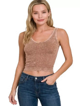 A taupe zenana washed ribbed seamless cropped tank top with a scoop neckline and thin straps