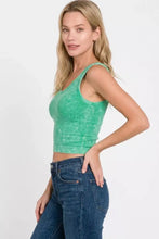 Green ribbed seamless crop top in mineral wash with v-neck from Zenana for casual and comfortable wear
