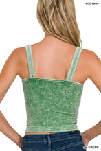 Acid wash dark green washed ribbed seamless cropped v neck tank top with thin straps by zenana