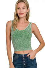 Green washed ribbed seamless cropped v neck tank top with textured finish by zenana