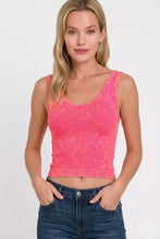 Zenana washed ribbed seamless coral fuchsia cropped v neck tank top with a vibrant faded distressed look