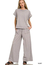 Zenana short sleeve tee and wide-leg pants set in gray slub