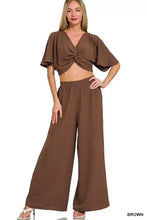 Zenana woven airflow twisted top and wide leg pants set