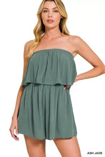 Ash jade woven crinkle strapless romper with ruffle details