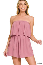 Zenana woven crinkle strapless romper in soft rose with ruffles