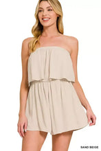 Zenana woven crinkle strapless romper in sand beige with ruffles