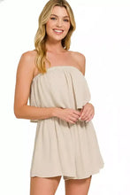 Zenana woven crinkle strapless romper in beige with draped bodice