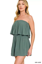 Zenana woven crinkle strapless romper in ash jade with ruffles