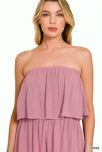 Zenana woven crinkle strapless romper in soft lavender off-shoulder ruffles