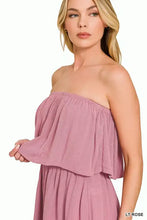 Zenana woven crinkle strapless romper in soft lavender with ruffles