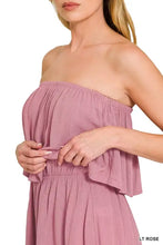 Zenana woven crinkle strapless romper in soft lavender with ruffled hem