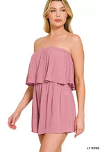 Zenana woven crinkle strapless romper in soft rose ruffle mini dress