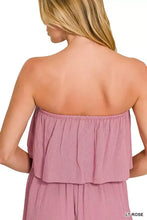 Zenana woven crinkle strapless romper in soft rose ruffled off-shoulder design