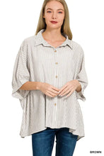 Brown and white woven stripe button up blouse with relaxed oversized fit zenana woven stripe button down boxy shirt