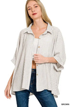 Zenana woven stripe button down boxy shirt in brown with cream and dark brown vertical woven stripe button design