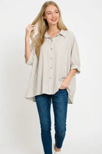 Zenana woven stripe button long-sleeved boxy shirt with beige and white vertical stripes in lightweight fabric