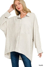 Zenana woven stripe button down shirt in soft taupe and white with loose fit and woven stripe button design