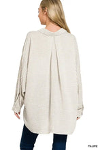 Zenana woven stripe button down shirt in soft taupe and white vertical stripes with a loose fit and long sleeves