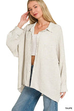 Zenana woven stripe button down shirt in soft taupe and cream vertical stripe with a loose fit and long sleeves