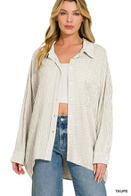Zenana woven stripe button down shirt in soft taupe and white vertical stripes with woven stripe button detailing
