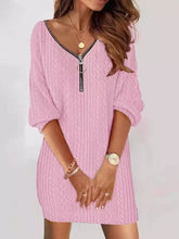 Zip detail textured knit mini sweater in soft pink with v-neck and black zipper