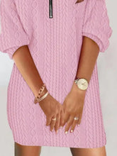 Zip detail textured knit mini sweater dress in soft pink cable-knit