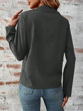 Charcoal gray collared neck roll-tab sleeve blazer with button closure