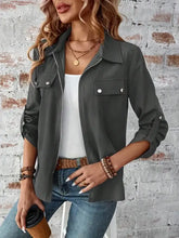 Dark green leather zip-up jacket with collared neck roll-tab sleeve