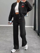 Black cropped bomber jacket with cherry bow embroidery on Zip Up Dropped Shoulder Set